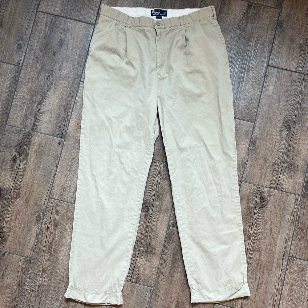 Polo by Ralph Lauren Vintage Hammond Pant Khaki 100% Cotton Pleated Cuffed 36x32
